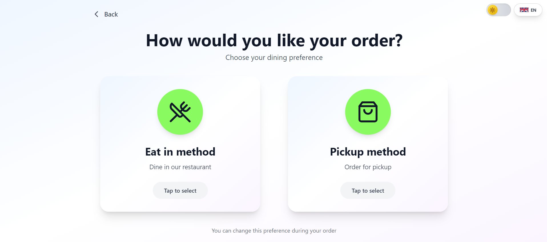 Dining location selection screen
