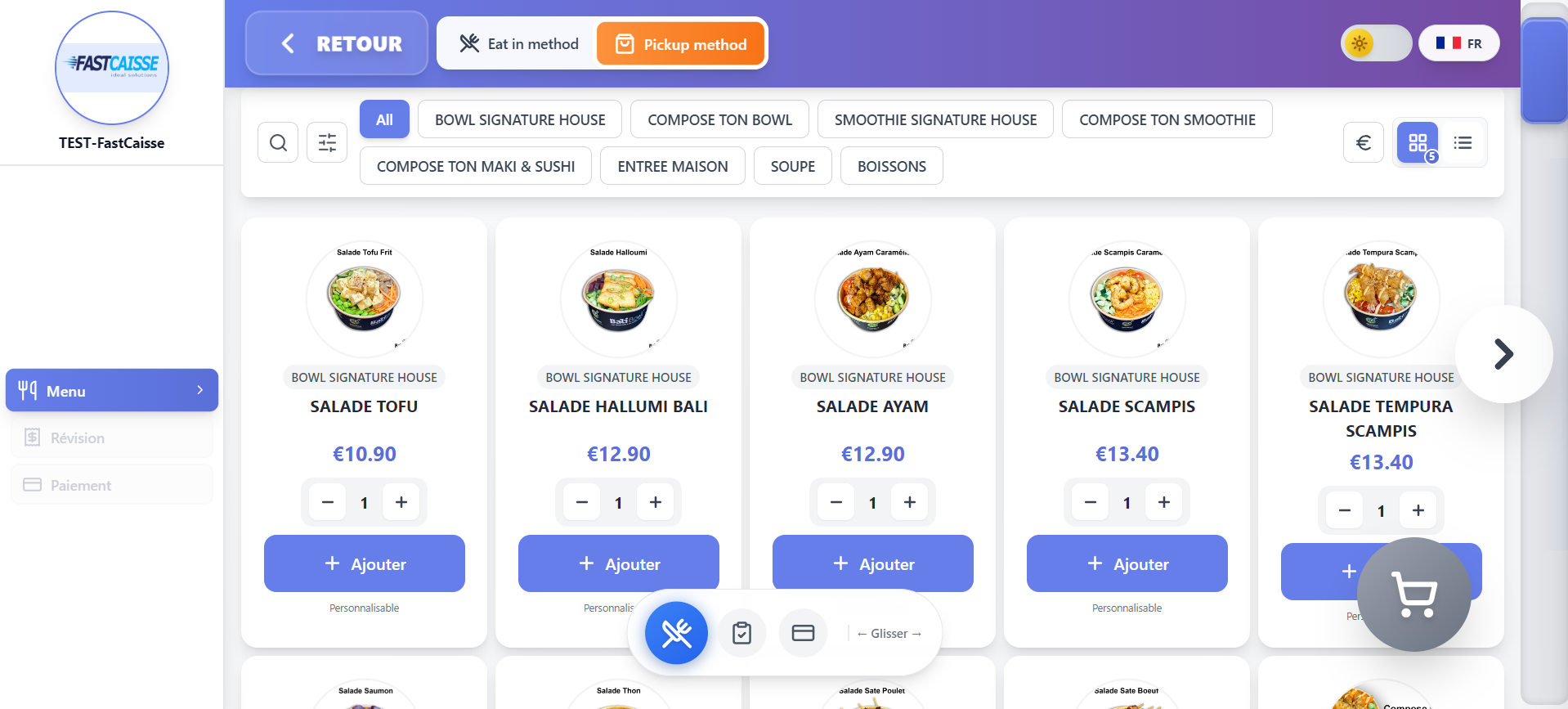 Menu screen with products